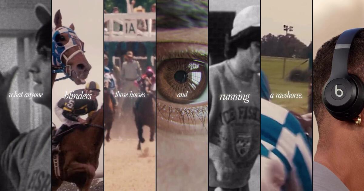 Seven frames from the Founders excerpt in tall strips: Jimmy Iovine in profile, a racehorse in blinders, horses leaving the start, an eye in close-up, a man running, a jockey in checked silks and a man wearing Beats headphones