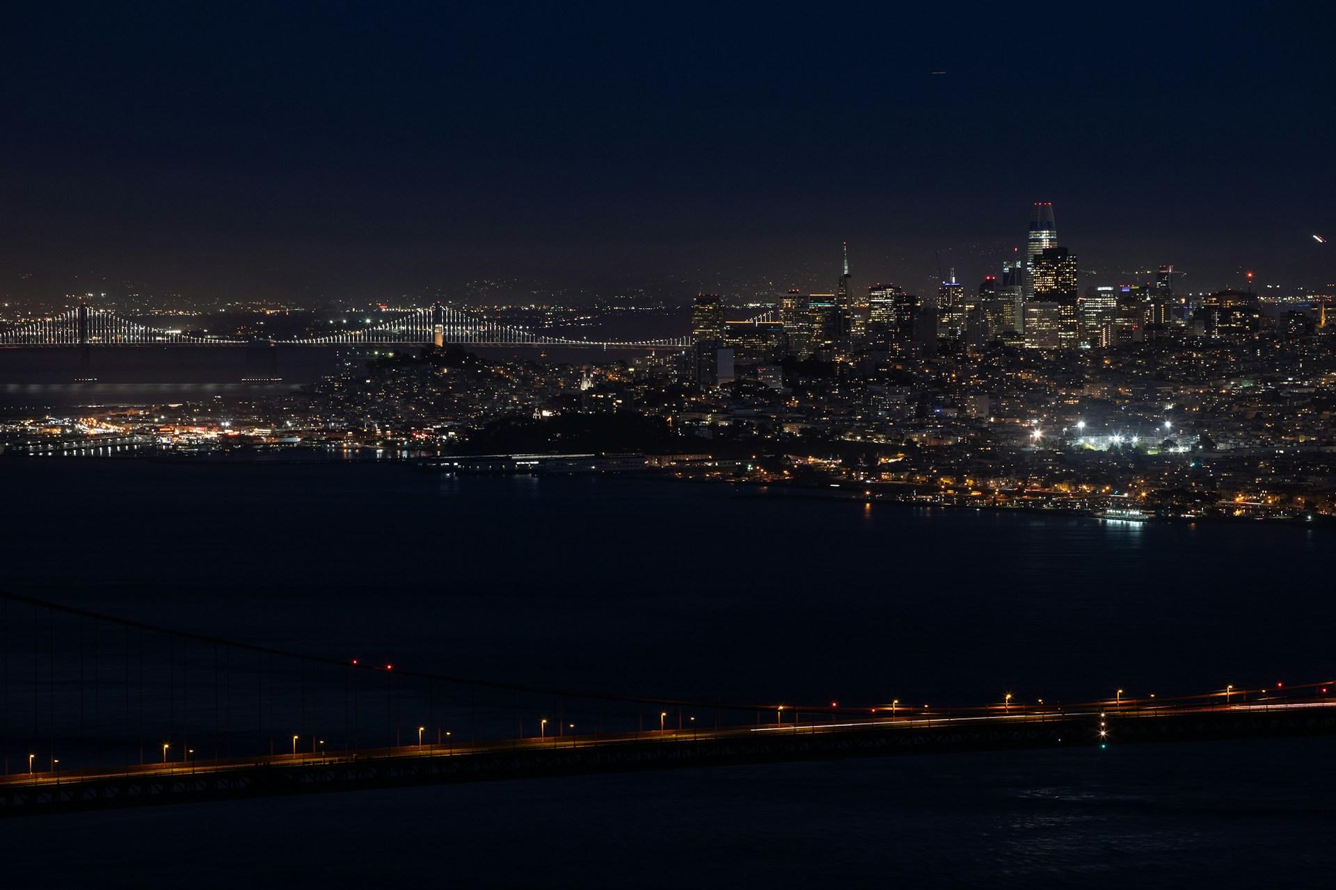 The San Francisco skyline across the bay at night