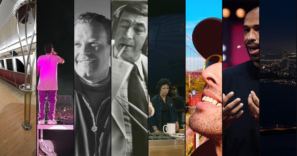 Eight photographs in tall strips: a Doha Metro carriage, a performer on a pink-lit stage, Roone Arledge, Howard Cosell in a headset, Emeril Lagasse cooking, Adil Mania by the Golden Gate Bridge, Thierry Henry on stage and San Francisco at night