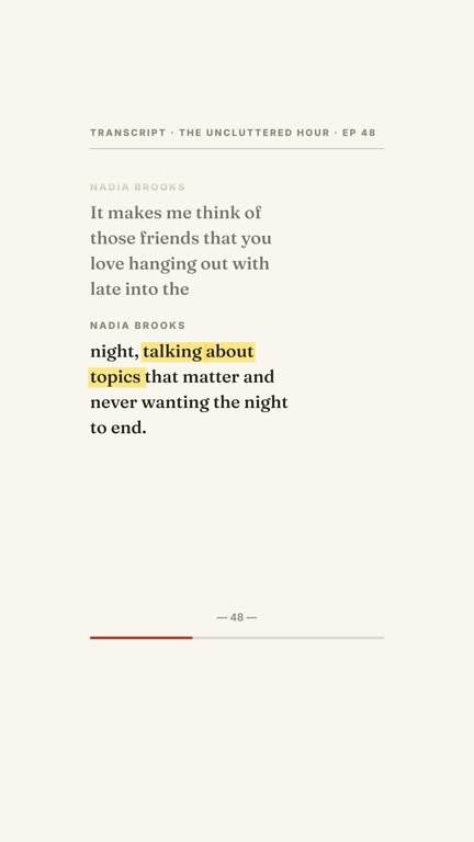 Annotated page template: a clip from the example show The Uncluttered Hour, with the voices of Nadia Brooks and Theo Ramos