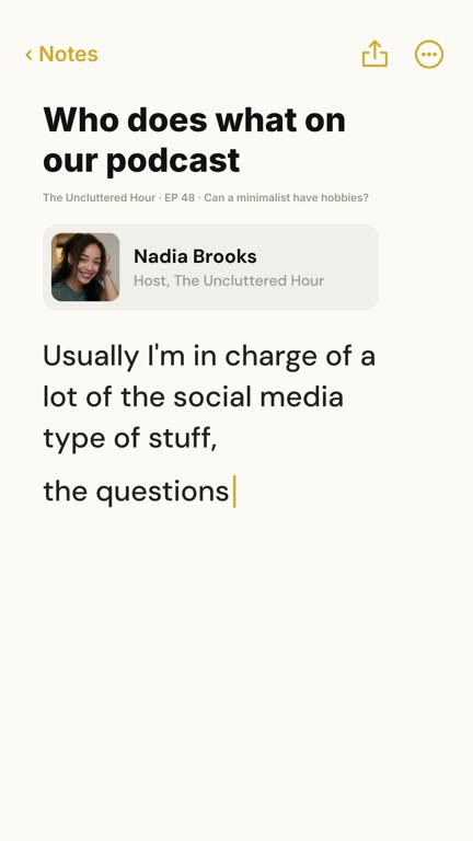Notes app template: a clip from the example show The Uncluttered Hour, with the voices of Nadia Brooks and Theo Ramos