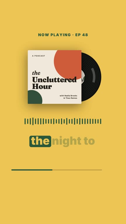 Record sleeve template: a clip from the example show The Uncluttered Hour, with the voices of Nadia Brooks and Theo Ramos