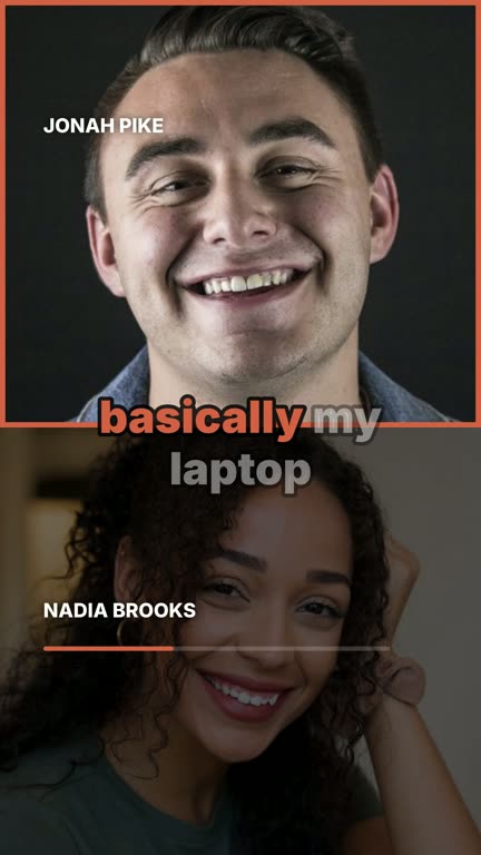 Split screen template: a clip from the example show The Uncluttered Hour, with the voices of Nadia Brooks and Jonah Pike