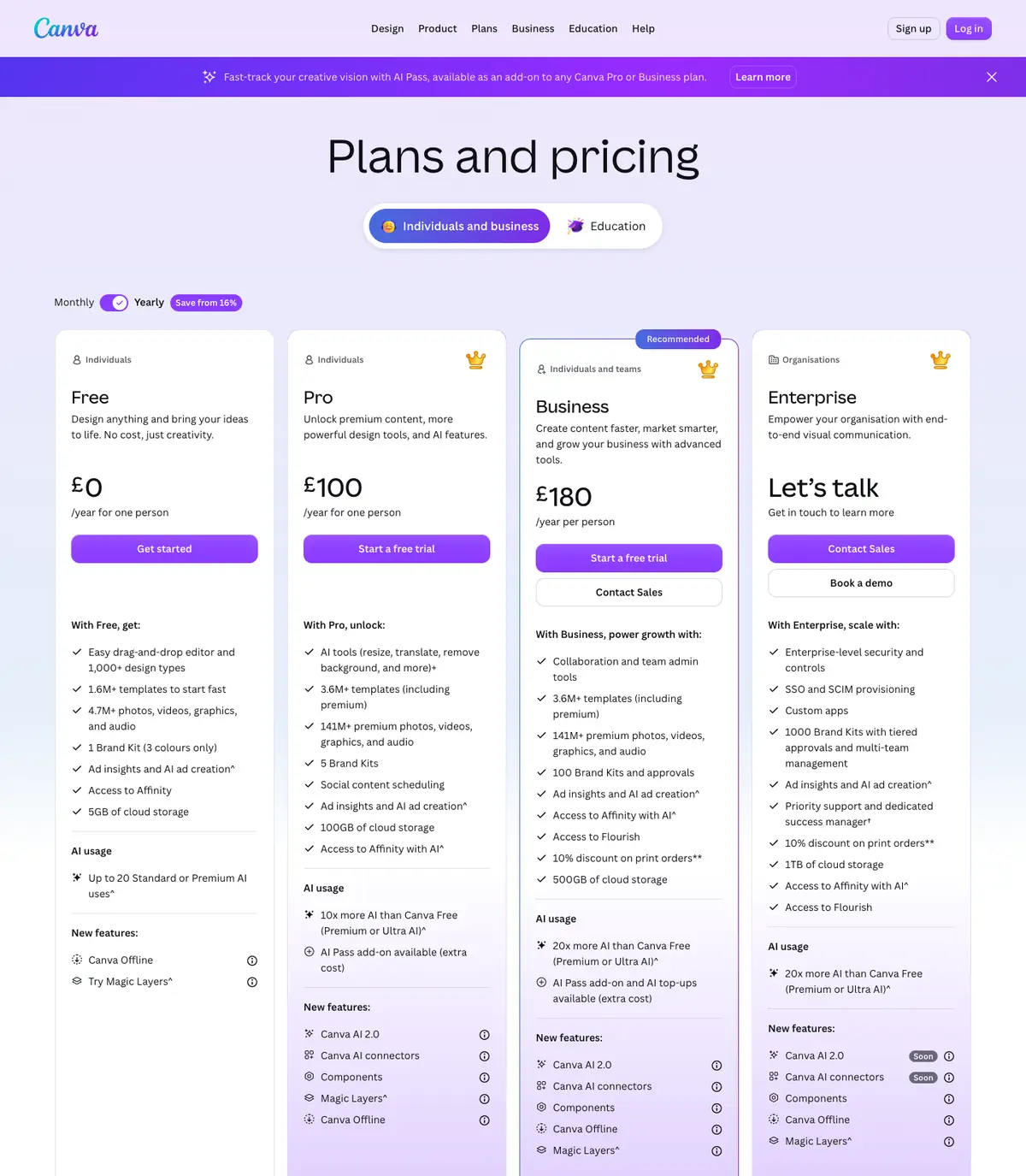 Canva: Canva's pricing page on 6 October 2026. Shown in pounds to the UK machine that captured it; yearly billing.