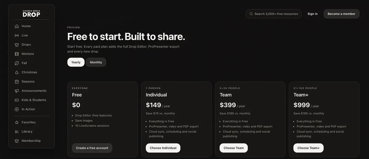 Church Media Drop: Church Media Drop's pricing page on 6 October 2026. Yearly billing.