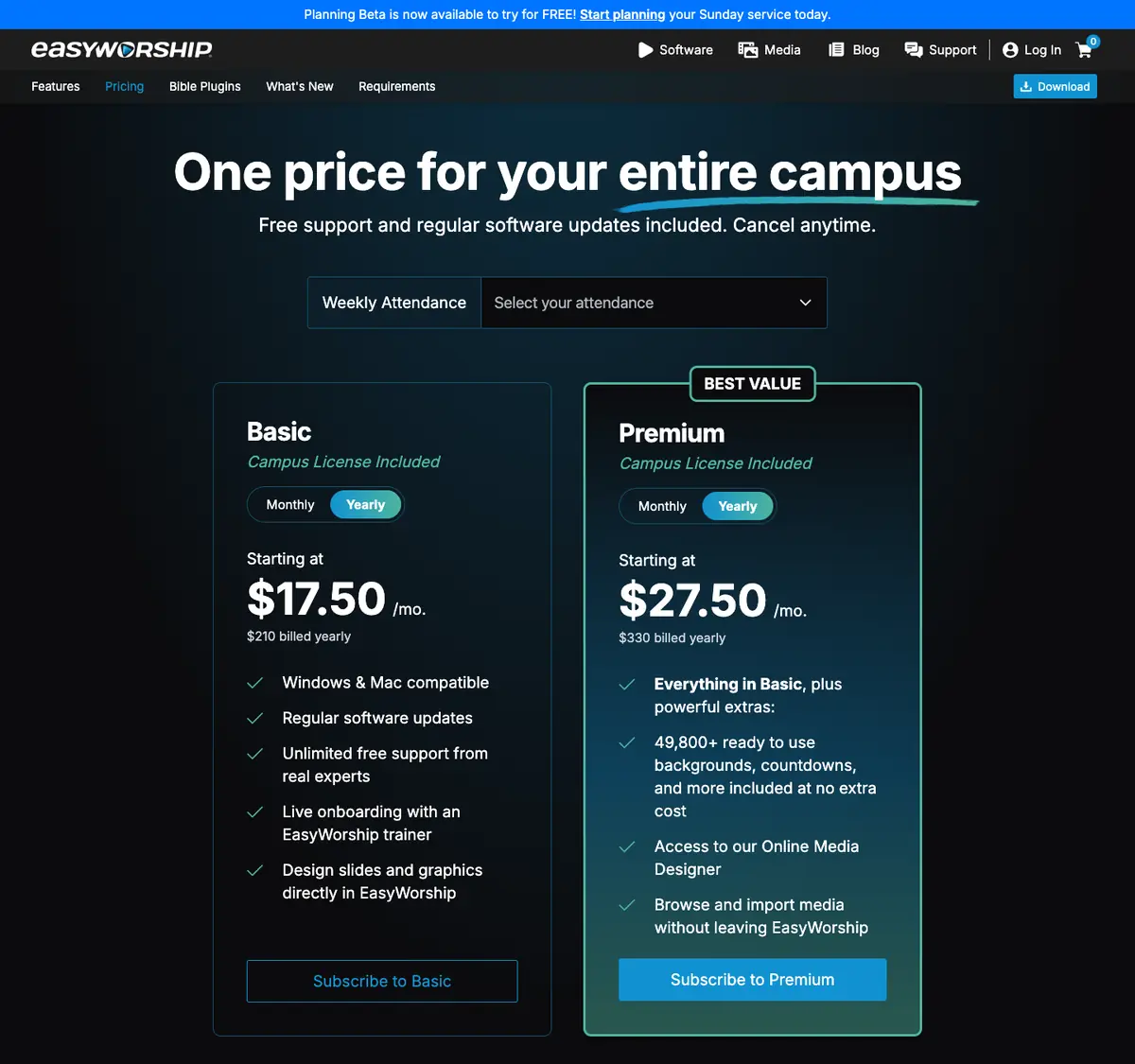 EasyWorship: EasyWorship's pricing page on 6 October 2026. Yearly billing; the lowest attendance band.