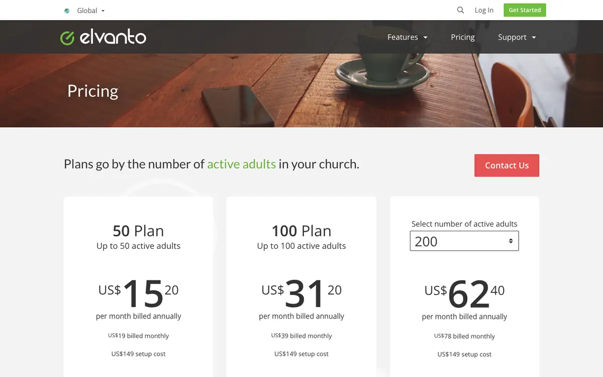 Elvanto: Elvanto's pricing page on 6 October 2026. The page lets you pick any number of active adults; 50, 100 and 200 are shown.