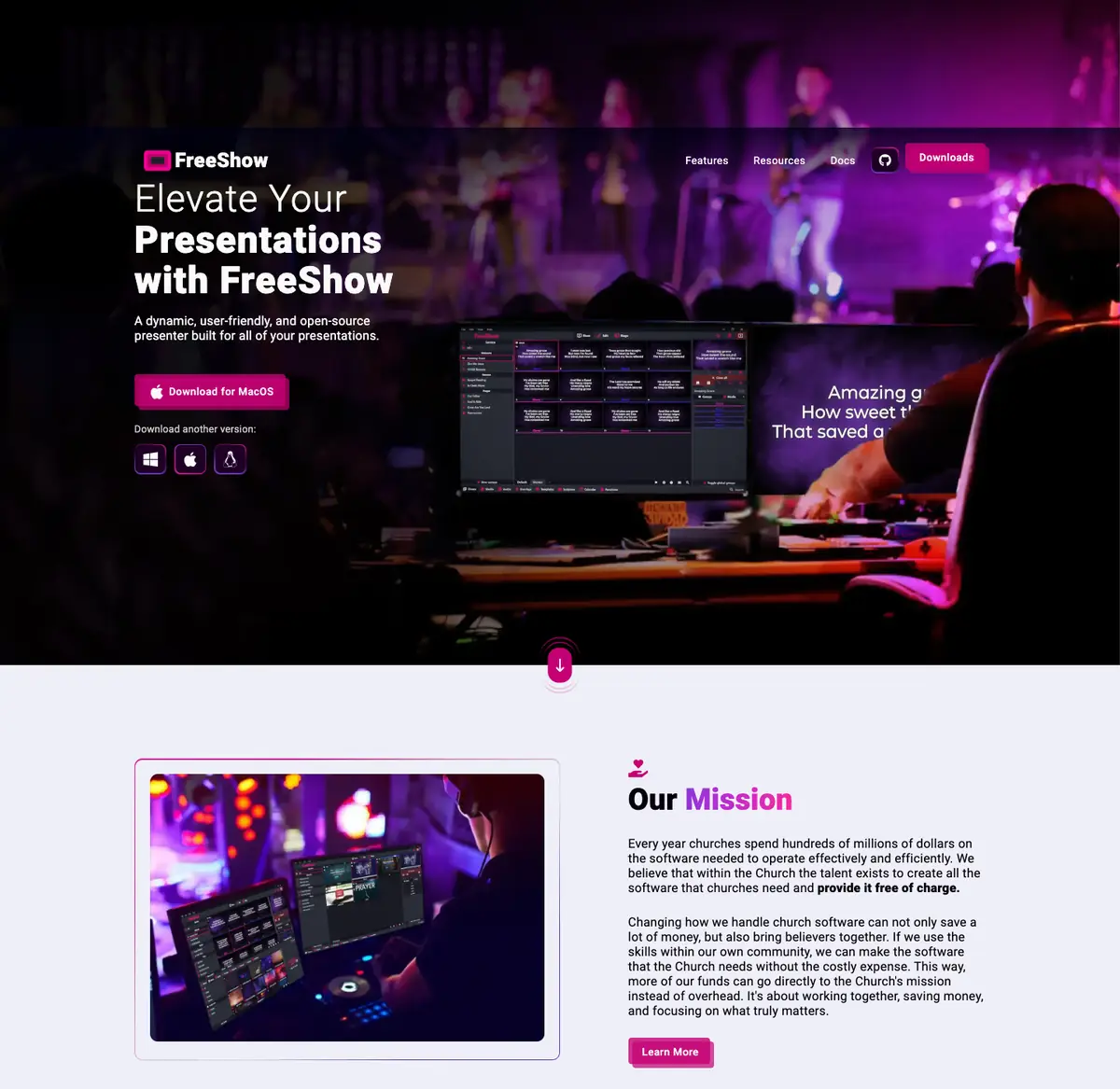 FreeShow: FreeShow's pricing page on 6 October 2026. FreeShow has no pricing page; this is its home page.