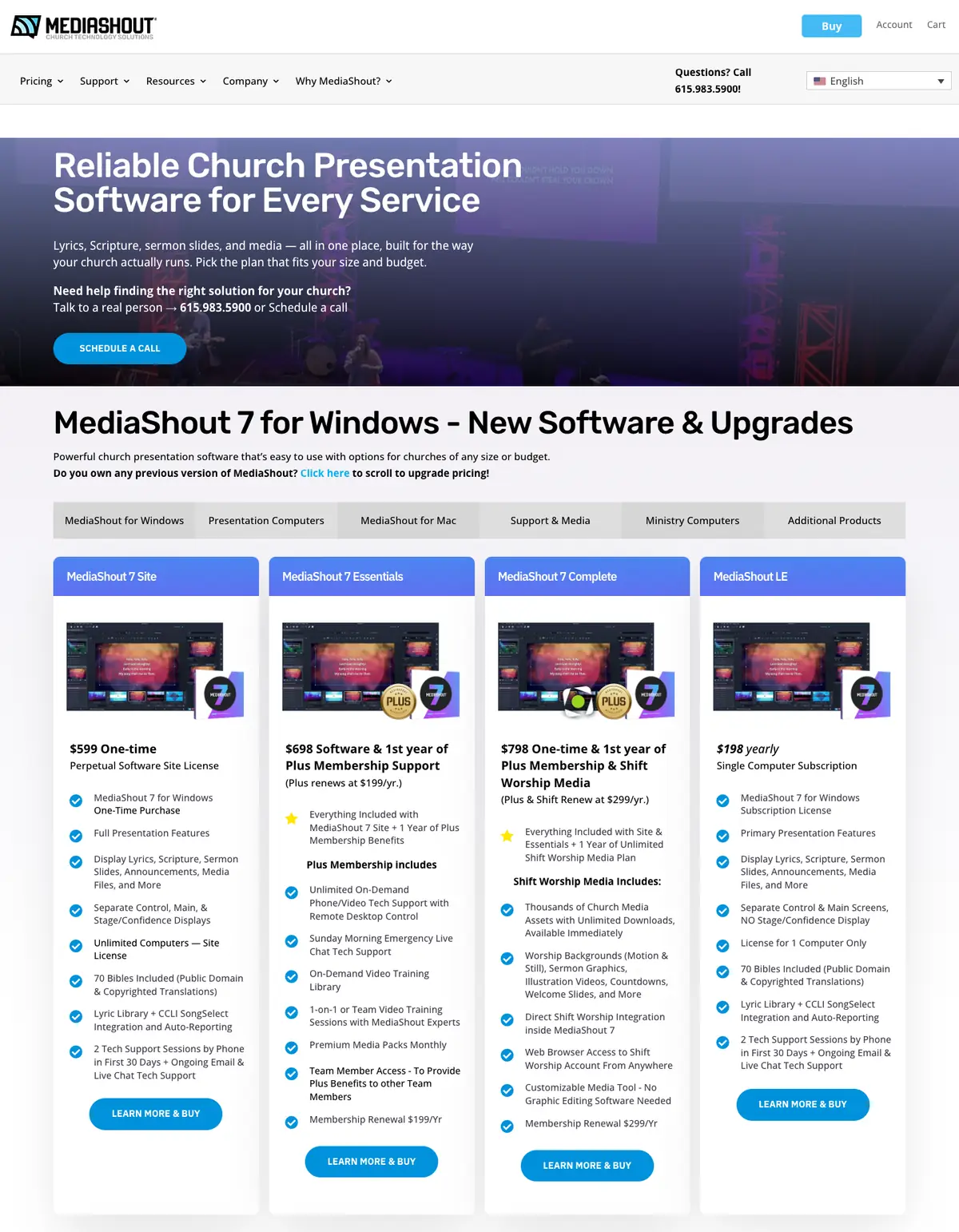 MediaShout: MediaShout's pricing page on 6 October 2026. The MediaShout for Windows tab.