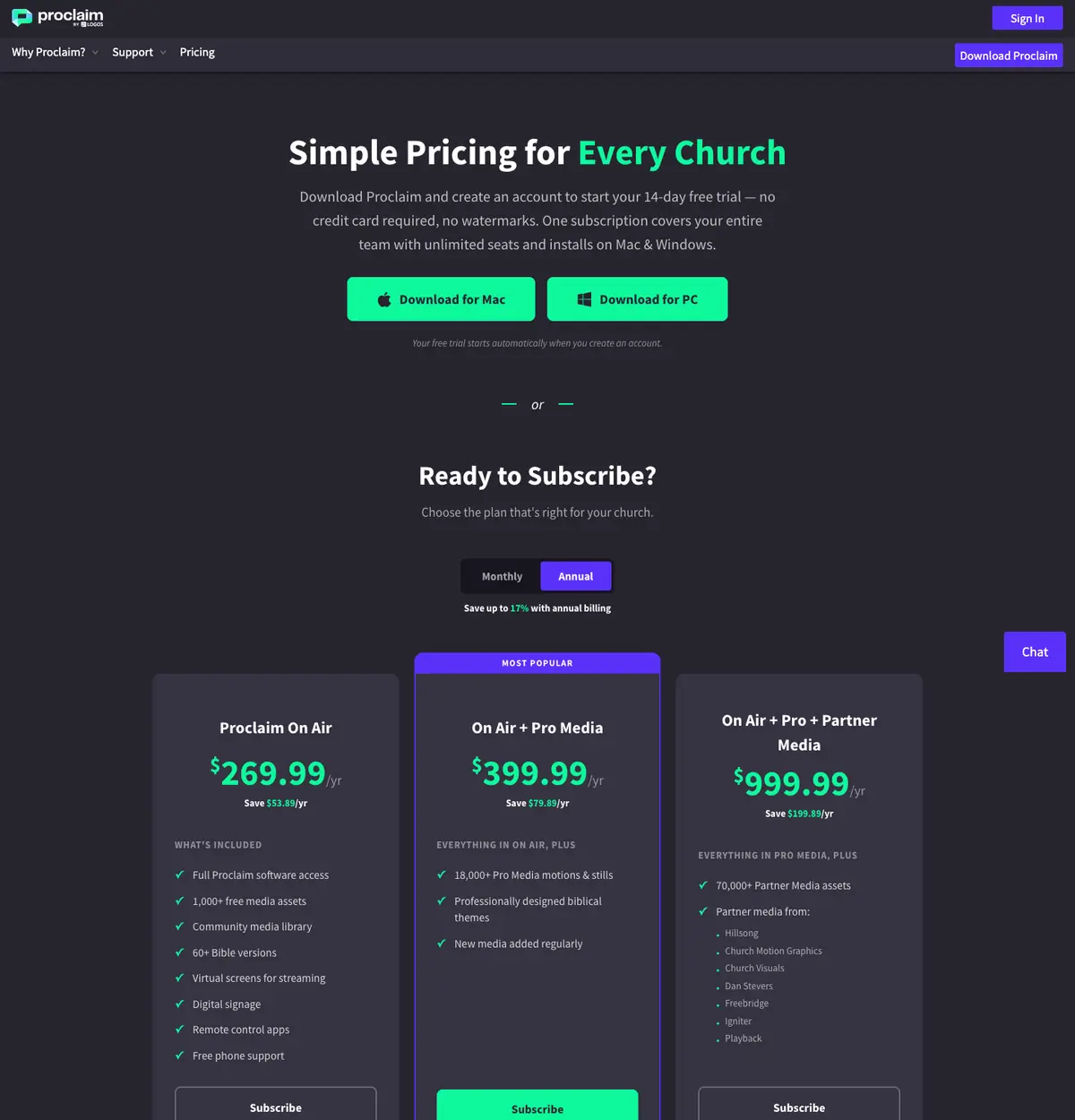 Proclaim: Proclaim's pricing page on 6 October 2026. Annual billing was selected on the page.