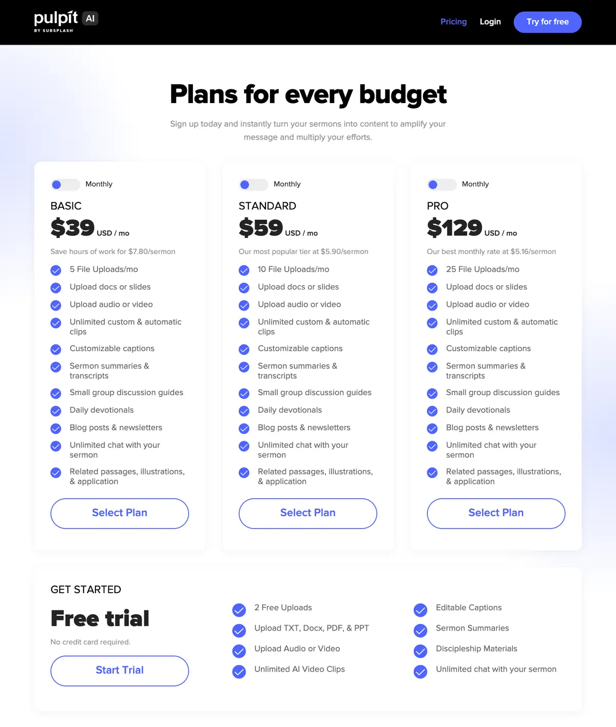 Pulpit AI: Pulpit AI's pricing page on 6 October 2026.