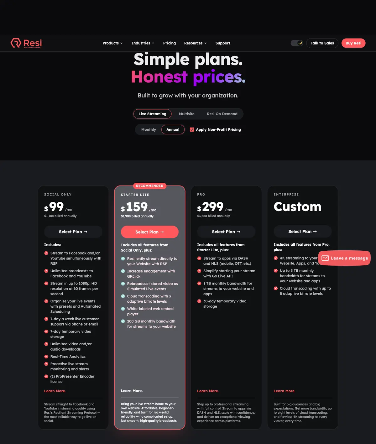 Resi: Resi's pricing page on 6 October 2026. Annual billing and "Apply Non-Profit Pricing" were selected on the page.
