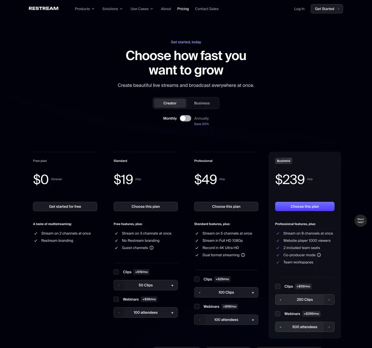 Restream: Restream's pricing page on 6 October 2026. Monthly billing, Creator plans, as shown.