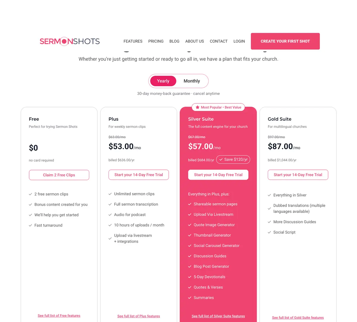 Sermon Shots: Sermon Shots's pricing page on 6 October 2026.