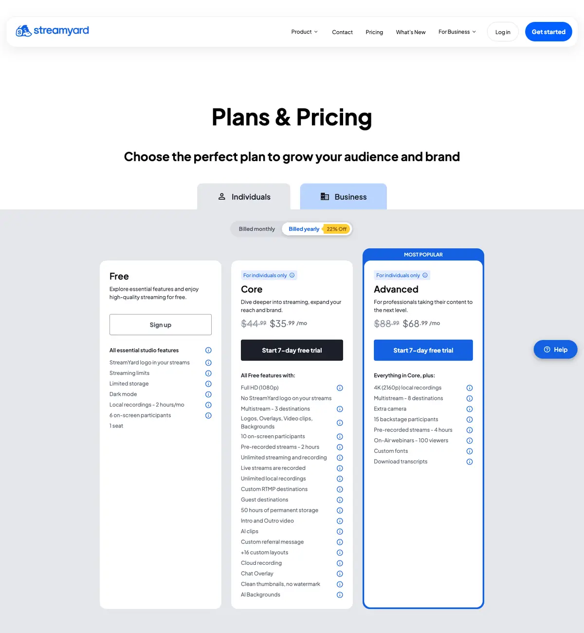 StreamYard: StreamYard's pricing page on 6 October 2026. The Individuals tab, billed yearly.