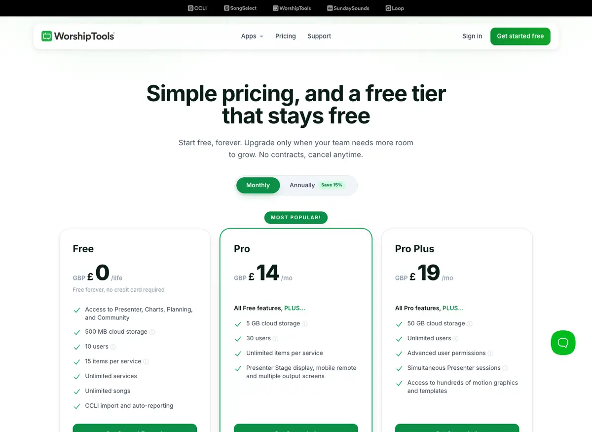 WorshipTools: WorshipTools's pricing page on 6 October 2026. Shown in pounds to the UK machine that captured it; monthly billing.