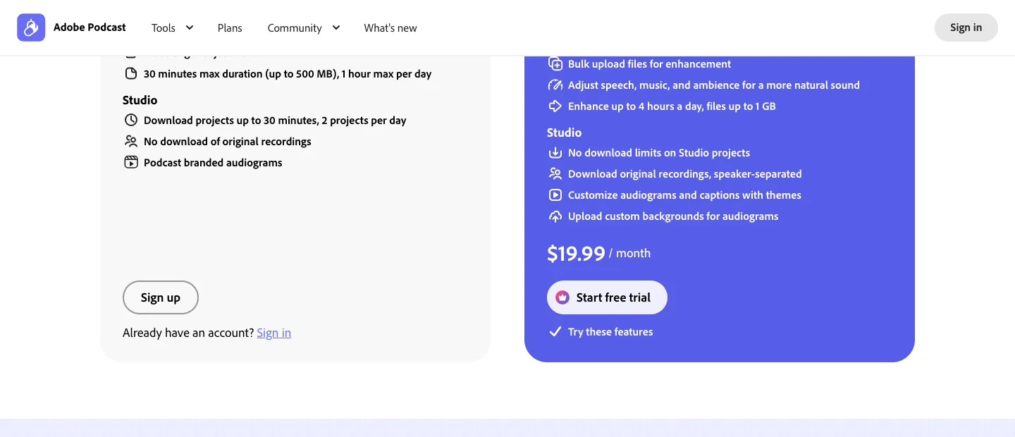 Adobe Podcast: Adobe Podcast’s plans page, 6 October 2026