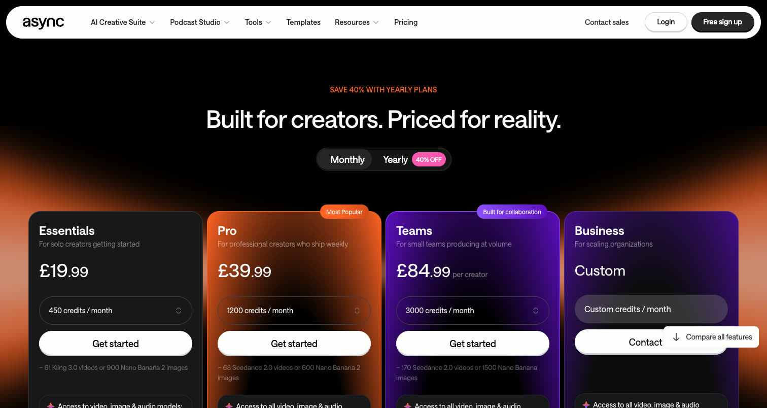 Async (formerly Podcastle)'s pricing page as it appeared on 15 October 2026
