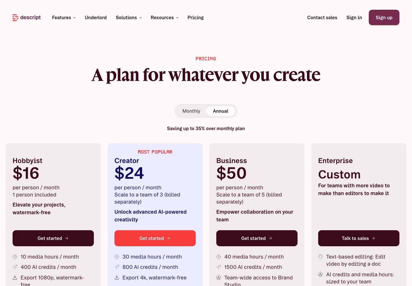 Descript: Descript’s pricing page, 6 October 2026 (yearly prices shown)