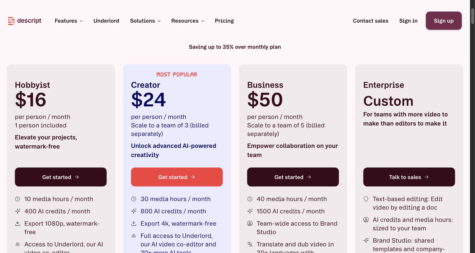 Descript's pricing page as it appeared on 30 September 2026