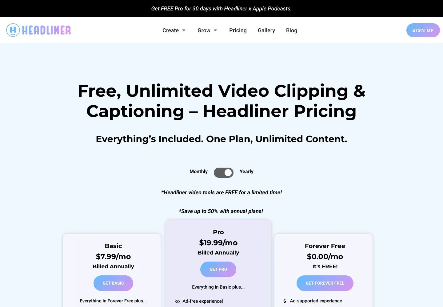 Headliner: Headliner’s pricing page, 6 October 2026 (yearly prices shown)