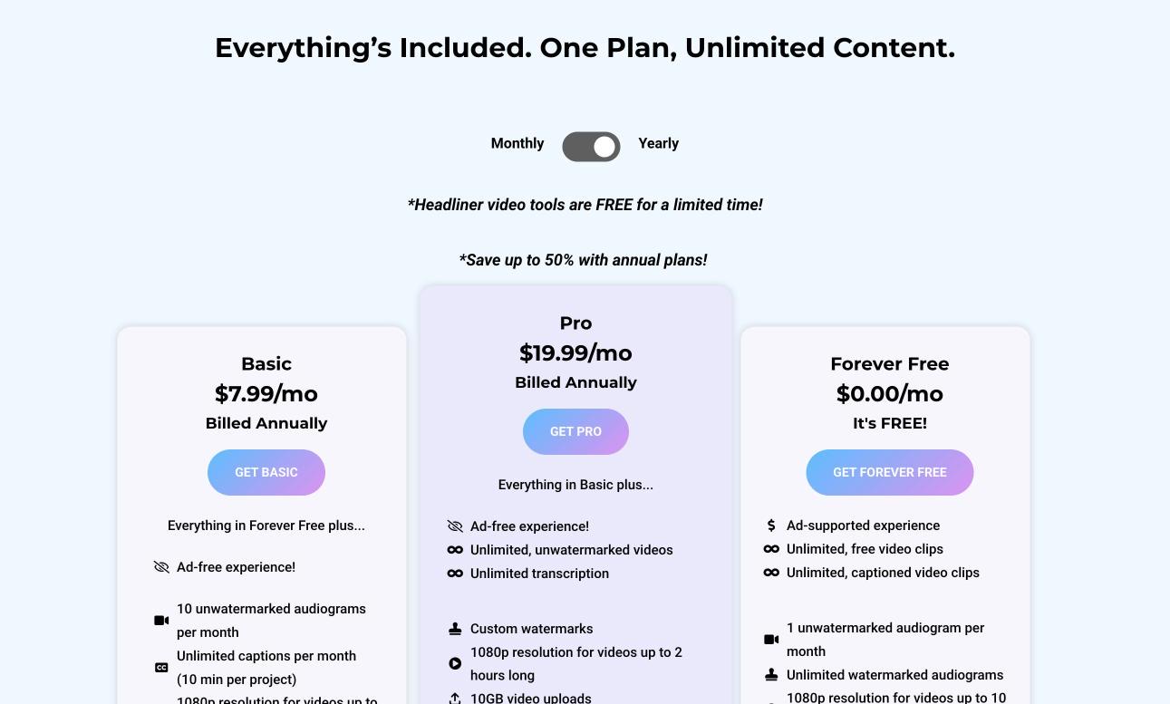 Headliner's pricing page as it appeared on 3 October 2026