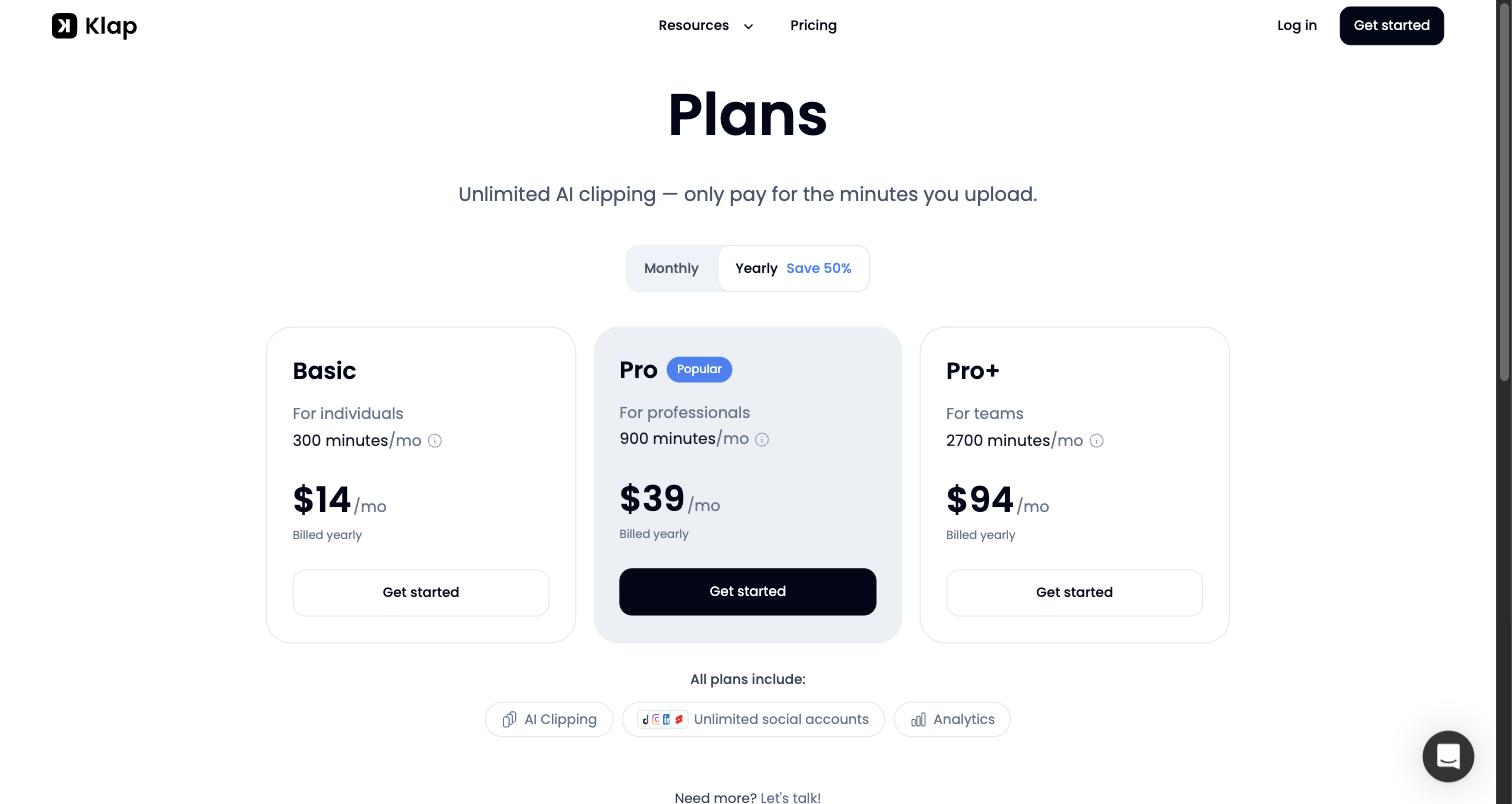 Klap's pricing page as it appeared on 30 September 2026
