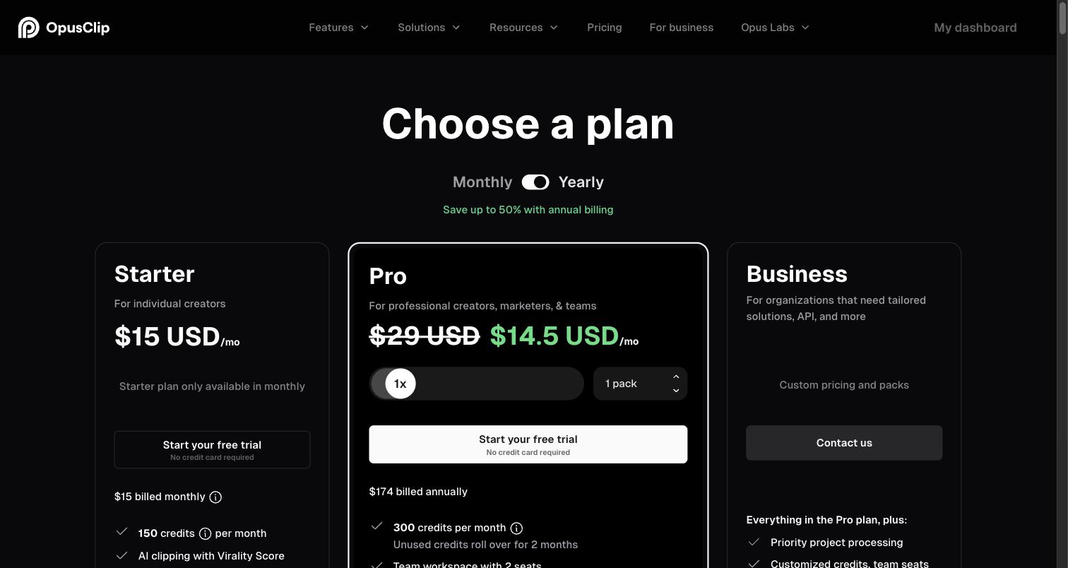 OpusClip's pricing page as it appeared on 30 September 2026