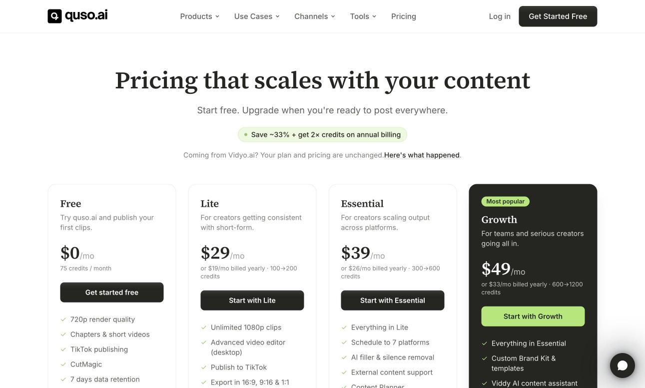 quso.ai's pricing page as it appeared on 3 October 2026