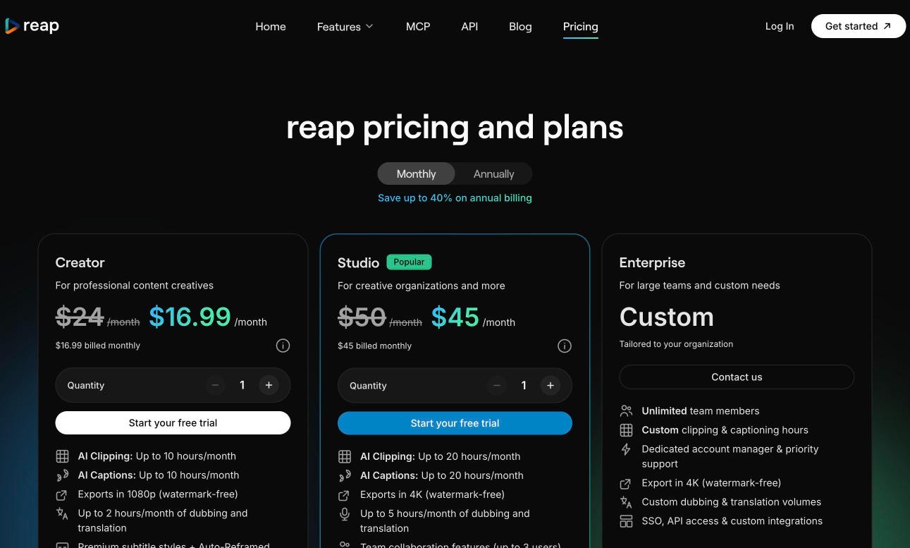 reap's pricing page as it appeared on 3 October 2026