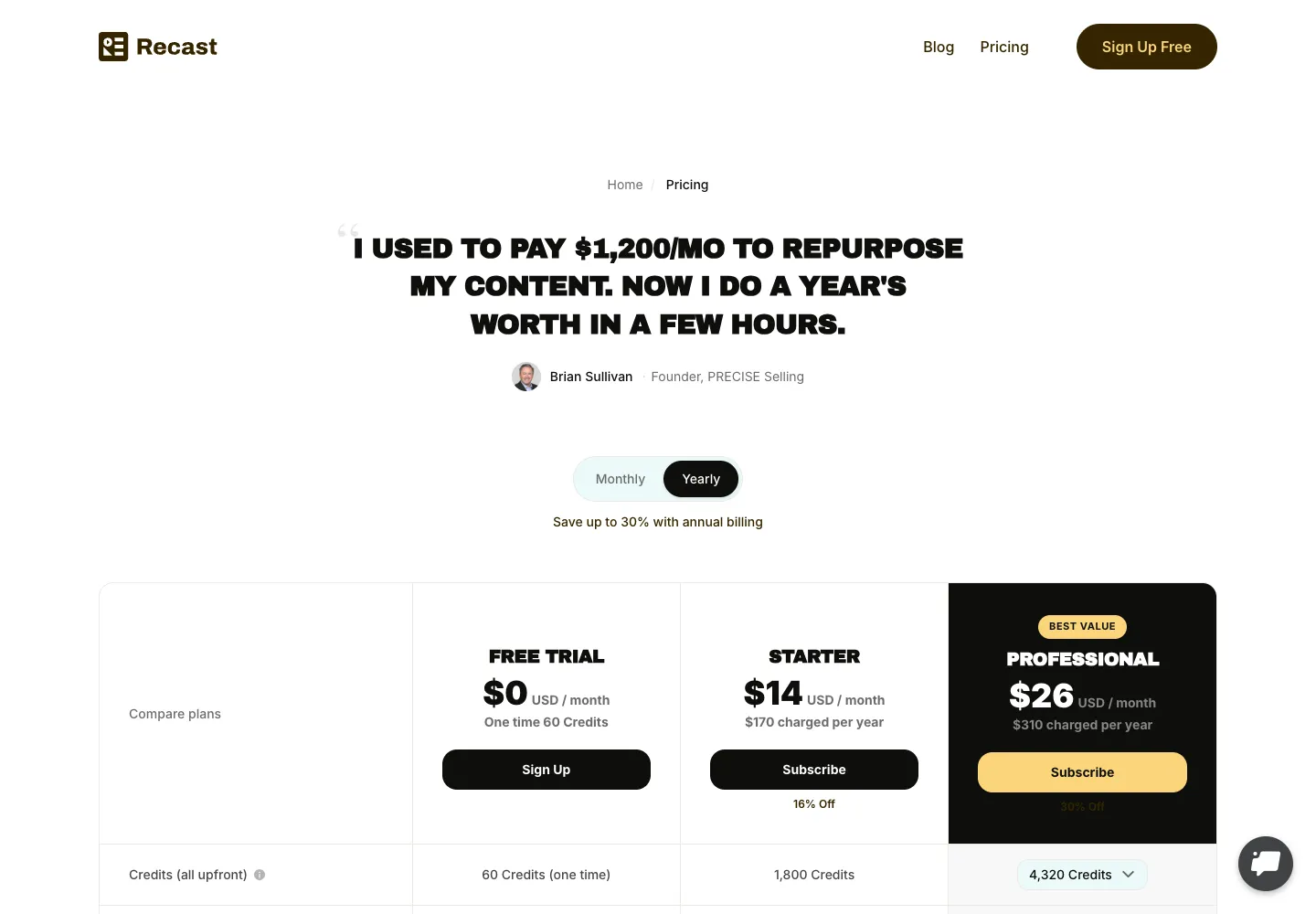 Recast Studio: Recast Studio’s pricing page, 6 October 2026 (yearly billing shown)