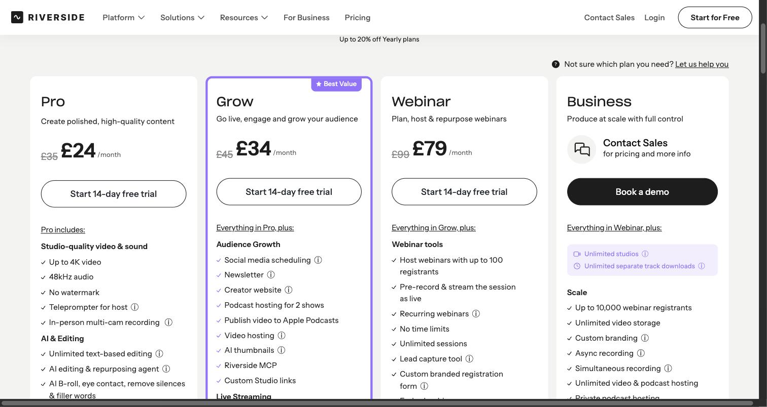 Riverside's pricing page as it appeared on 30 September 2026
