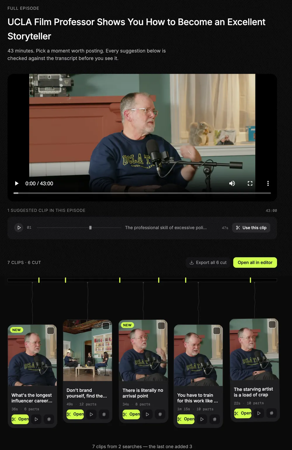 The Shorts by Slice clips page for a 43-minute episode: the episode player, a suggested clip, and six clips already cut from it