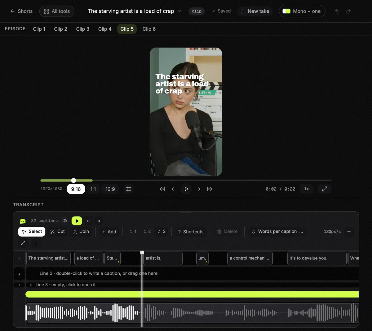 The Shorts by Slice editor with a vertical clip showing the hook title "The starving artist is a load of crap" over the speaker