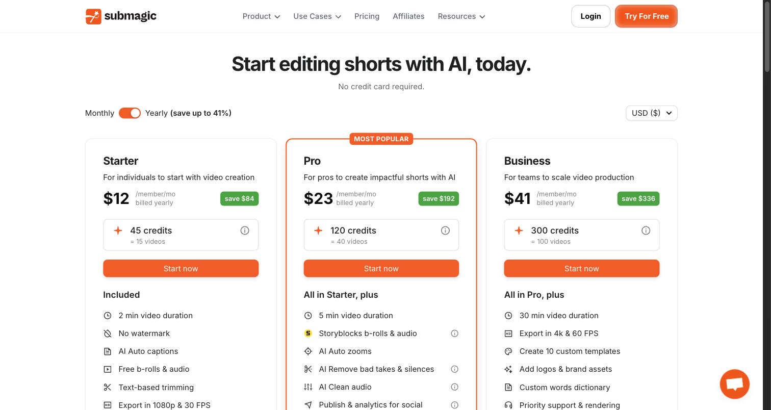 Submagic's pricing page as it appeared on 30 September 2026