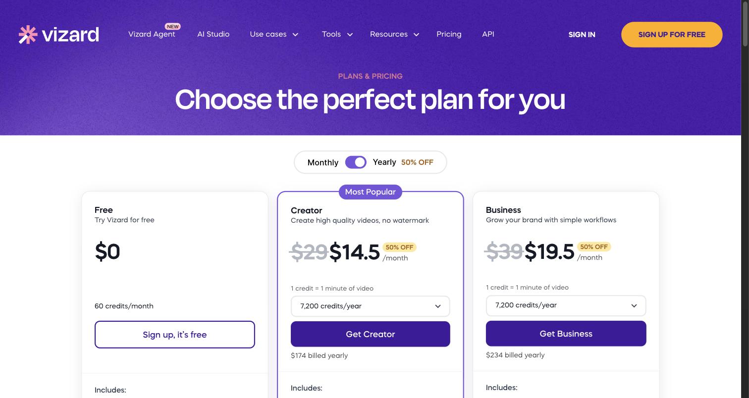 Vizard's pricing page as it appeared on 30 September 2026