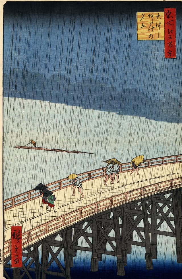 People crossing a wooden bridge in heavy rain, a Japanese woodblock print