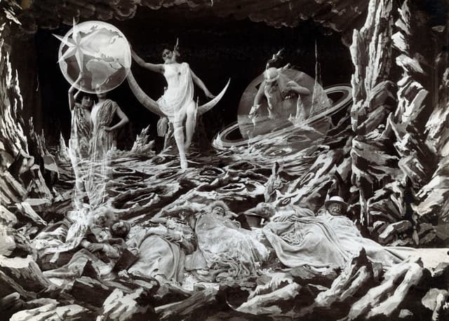 Painted planets and stars as figures above sleeping explorers, from A Trip to the Moon
