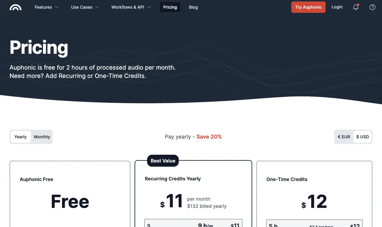 Auphonic (free 2 hours a month)'s pricing page, 6 October 2026