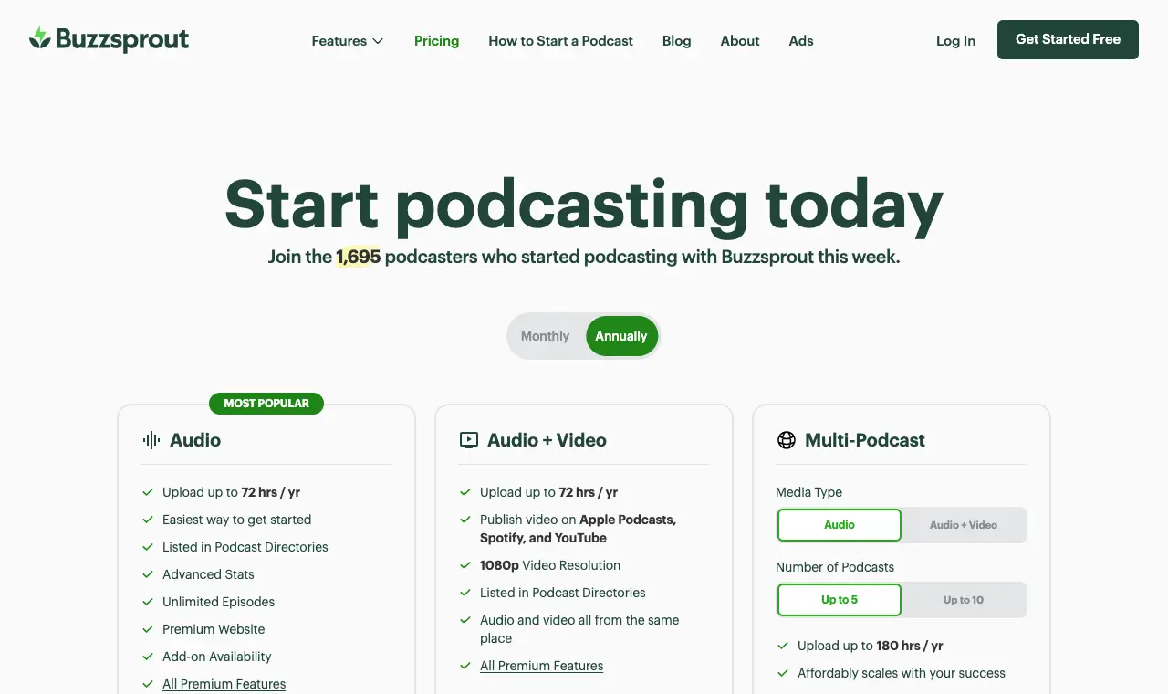 Buzzsprout's pricing page, 6 October 2026