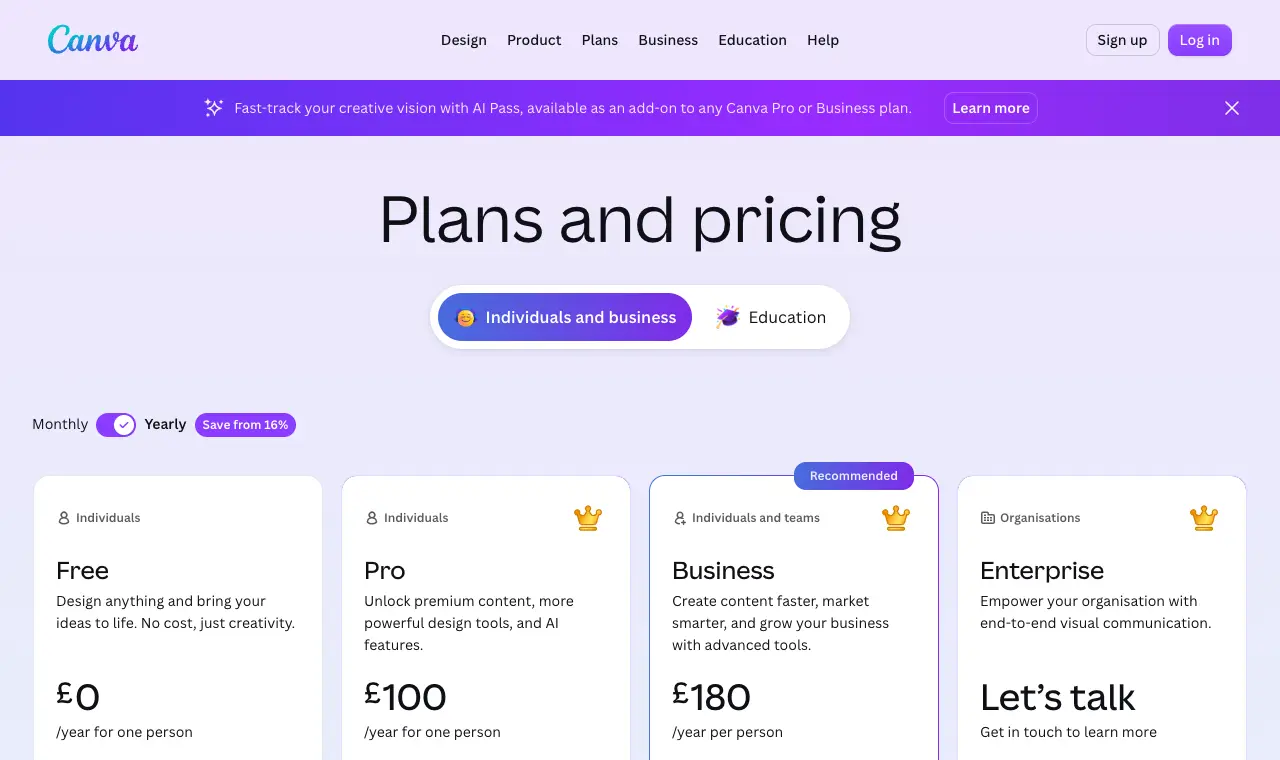 Canva Free's pricing page, 6 October 2026 (prices in pounds because we read it from the UK)