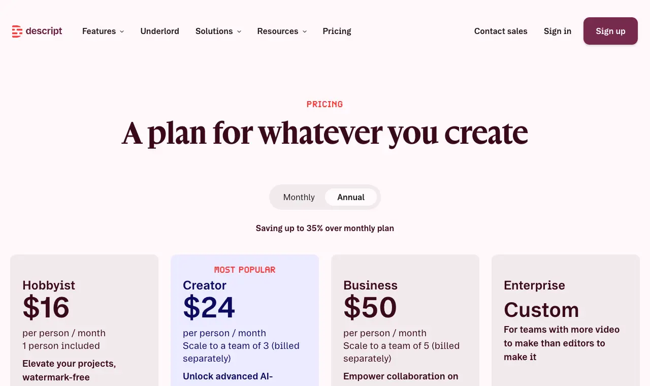 Descript's pricing page, 6 October 2026