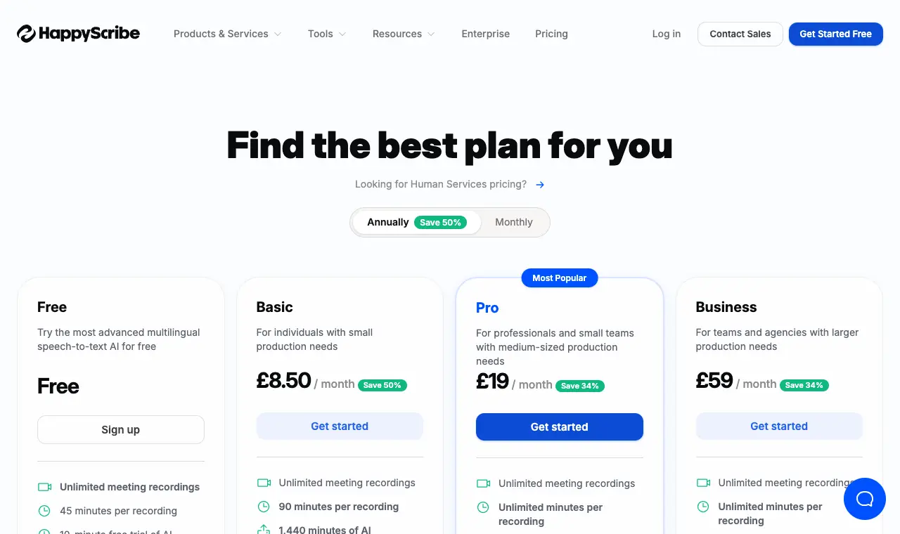 Happy Scribe's pricing page, 6 October 2026 (prices in pounds because we read it from the UK)