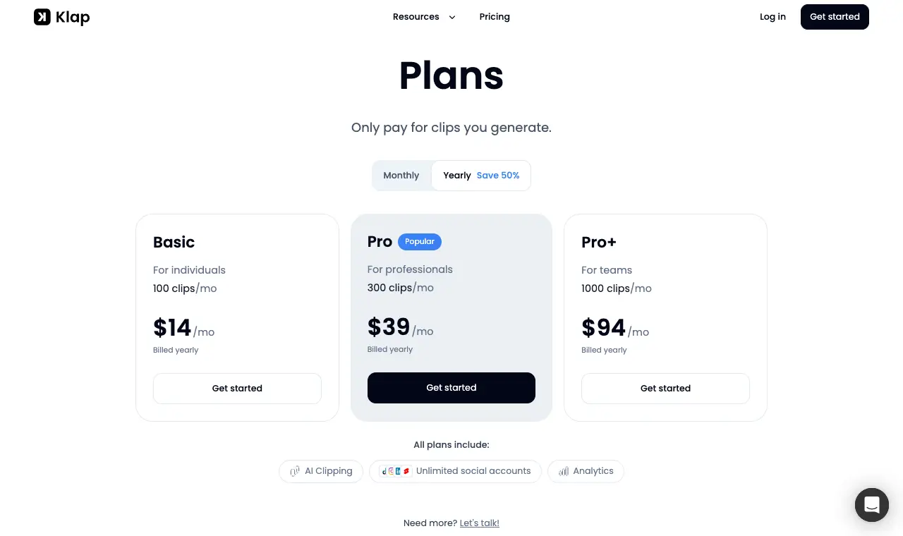 Klap's pricing page, 6 October 2026