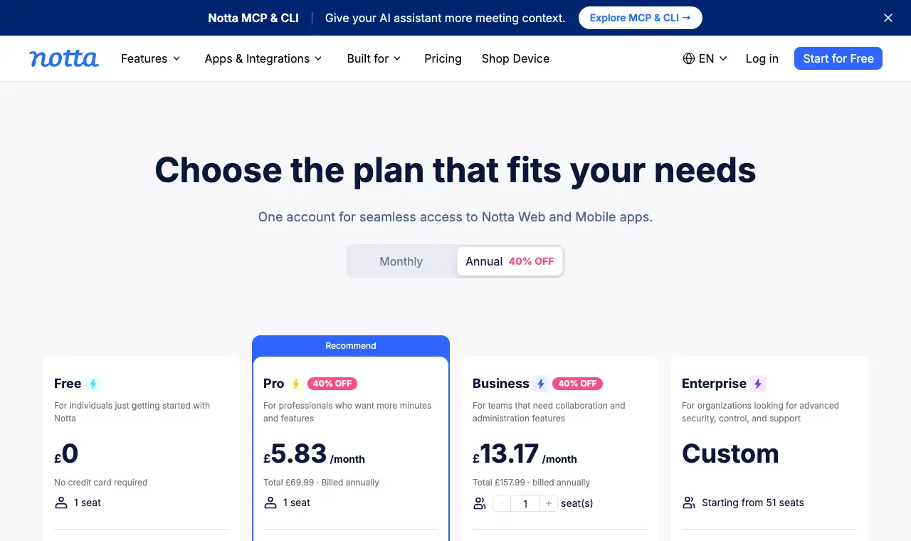 Notta's pricing page, 11 October 2026 (yearly prices in pounds)