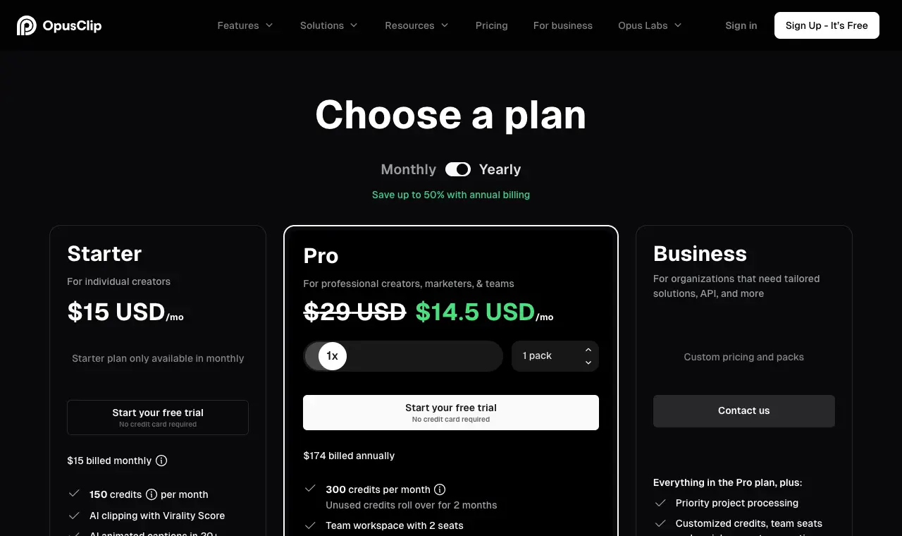 OpusClip's pricing page, 6 October 2026