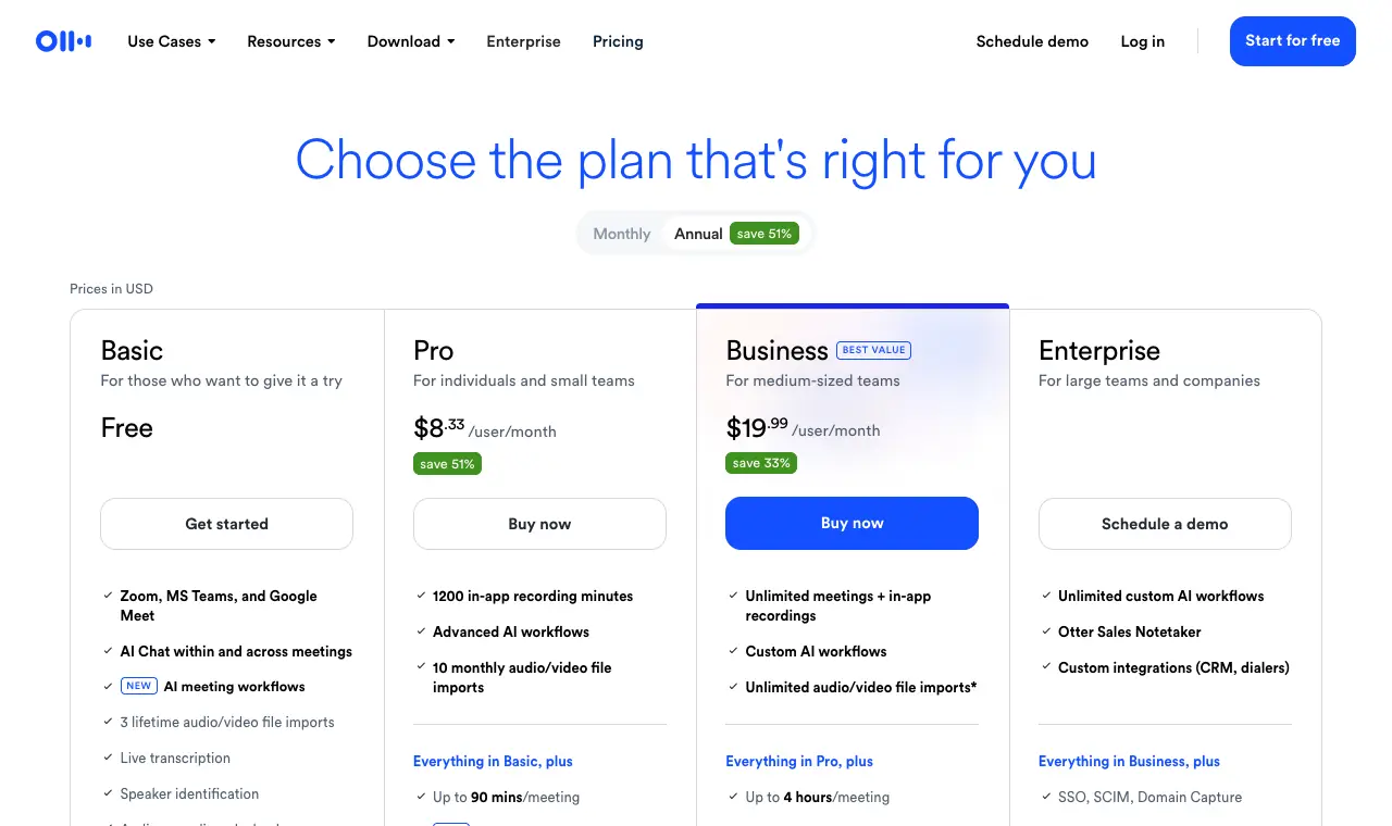 Otter.ai's pricing page, 6 October 2026