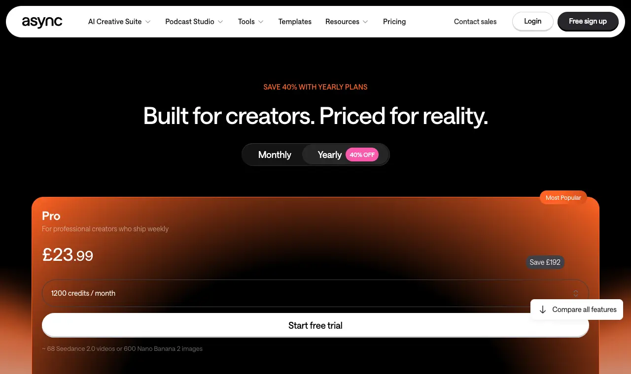 Async's pricing page at podcastle.ai, 11 October 2026 (yearly prices in pounds)