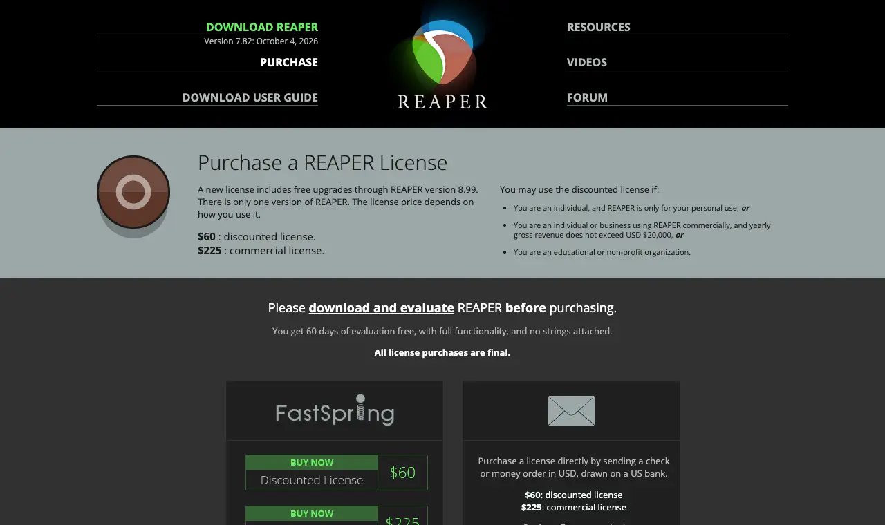 Reaper's pricing page, 6 October 2026
