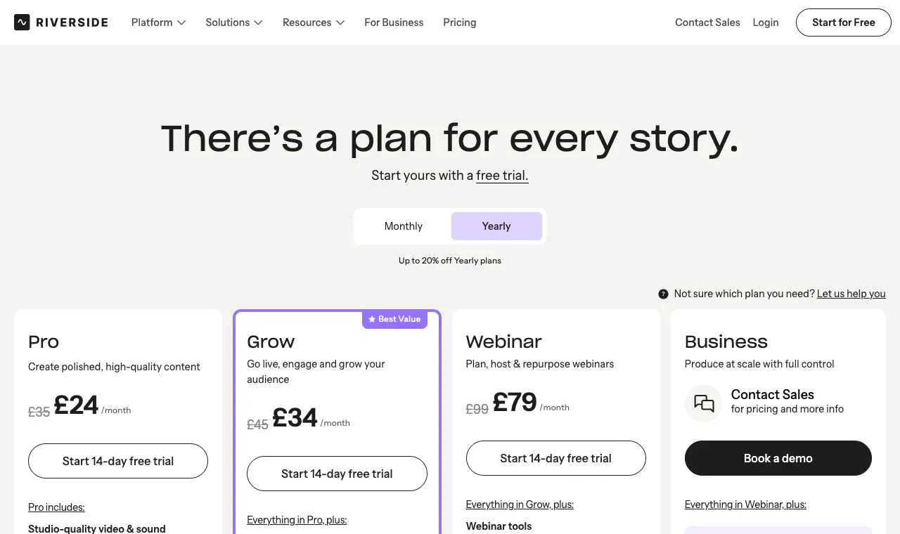 Riverside (free plan)'s pricing page, 6 October 2026 (prices in pounds because we read it from the UK)